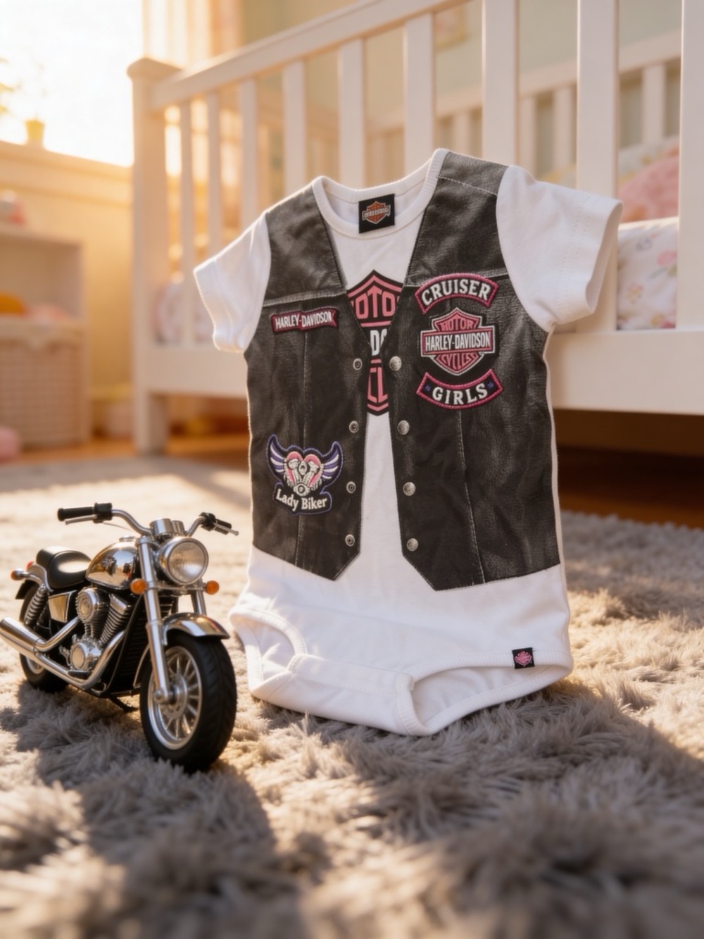 Harley-Davidson White Baby Onesie with Black Vest Print and Pink Accents